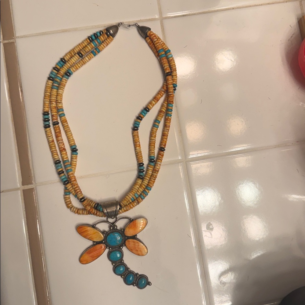 Multi-strand sterling silver, turquoise,  spiny oyster shell dragonfly necklace